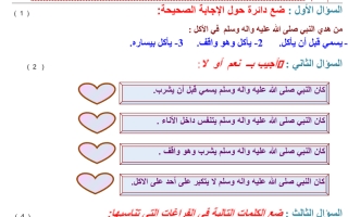 ورقة عمل الحديث  درس أكل النبي وشربه  الصف الرابع