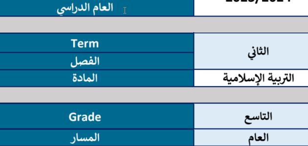 هيكل التربية الأسلامية للصف التاسع فصل ثاني