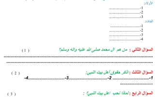 ورقة عمل الحديث  أولاد النبي صلى الله عليه واله وسلم واهل بيته الصف الرابع