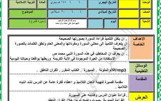 خطة يومية للتربية الاسلامية لصف الثالث ف2